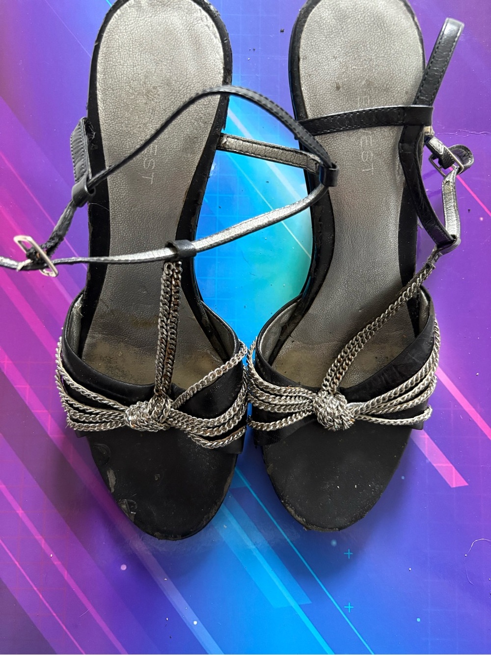 Black Strappy Knot Sandals with Silver Chain Detail - Women